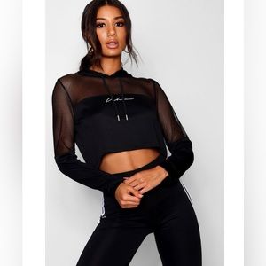 Fit “Woman” Mesh Panel Crop Hoodie